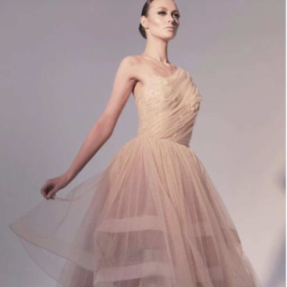 Nicole Bakti Blush Nude Asymmetrical Tulle Evening Gown